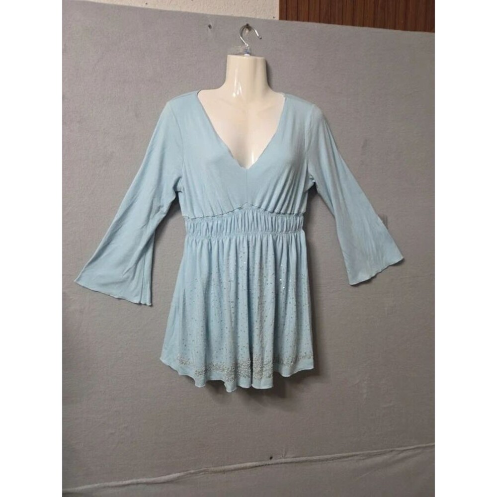 Motherhood Maternity Light Blue V-Neck Empire Waist Rhinestone Top - Size M